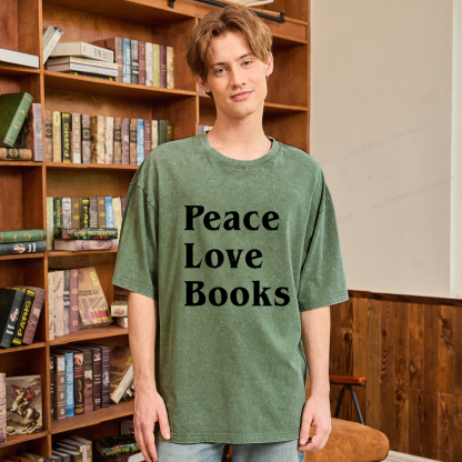 Pagewings Peace Love Books Unisex Washed T-shirt