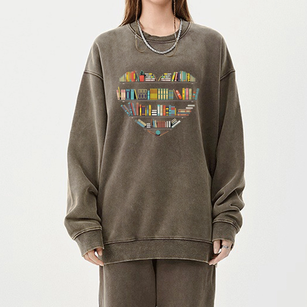 Pagewings Heart Bookshelves Unisex Washed Sweatshirt