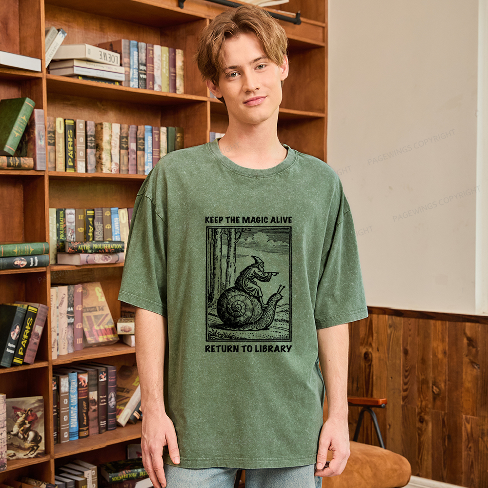 Pagewings Keep the Magic Alive  Return to Library Unisex Washed T-shirt