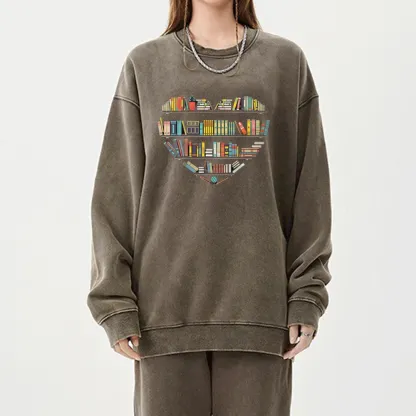 Pagewings Heart Bookshelves Unisex Washed Sweatshirt