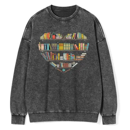 Pagewings Heart Bookshelves Unisex Washed Sweatshirt