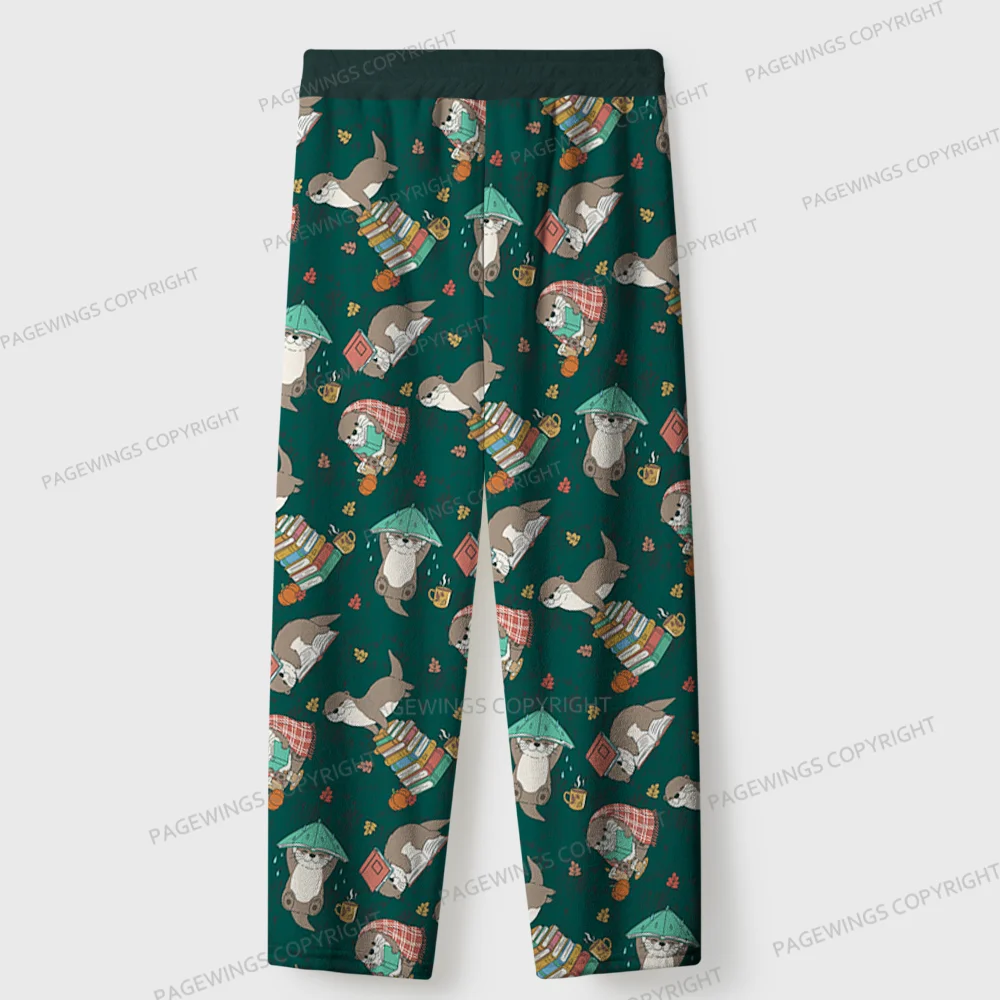 Pagewings Otter Loves Reading Unisex Flannel Pajama Set
