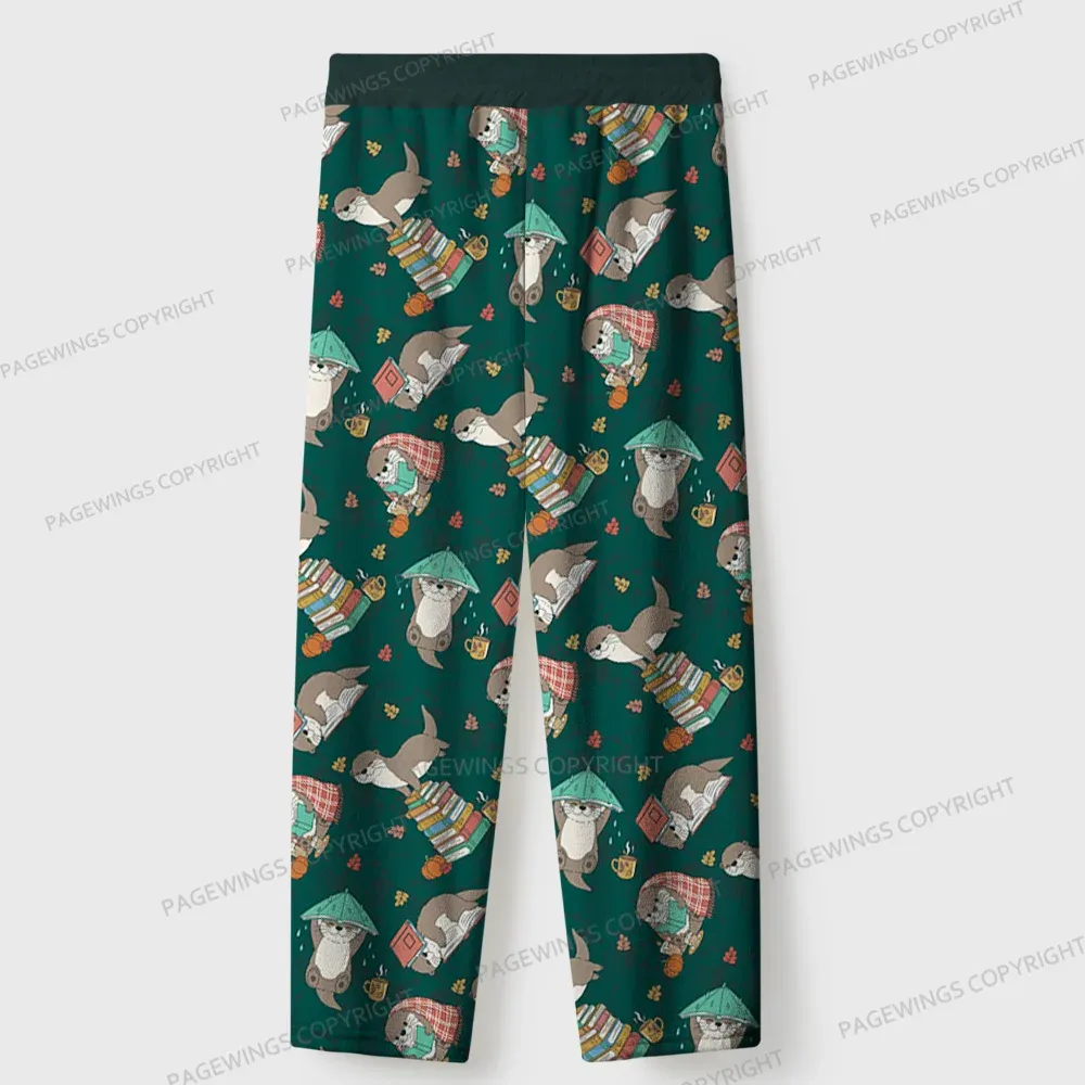 Pagewings Otter Loves Reading Unisex Flannel Pajama Set