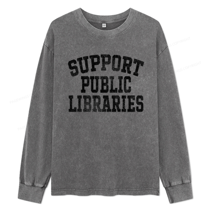 Pagewings Support Public Libraries Unisex Washed Long Sleeve T-shirt