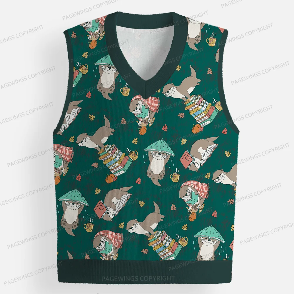 Pagewings Otter Loves Reading Unisex V-Neck Ugly Knit Vest