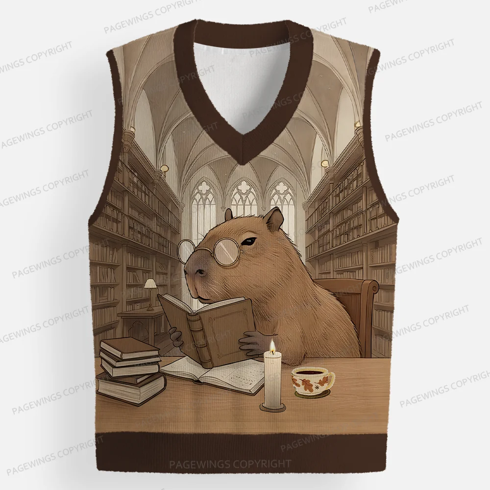 Pagewings Capybara Loves Reading Unisex V-Neck Ugly Knit Vest