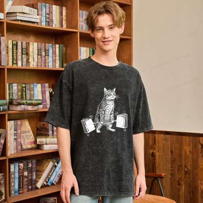 Pagewings Funny Cat Love Books Unisex Washed T-shirt