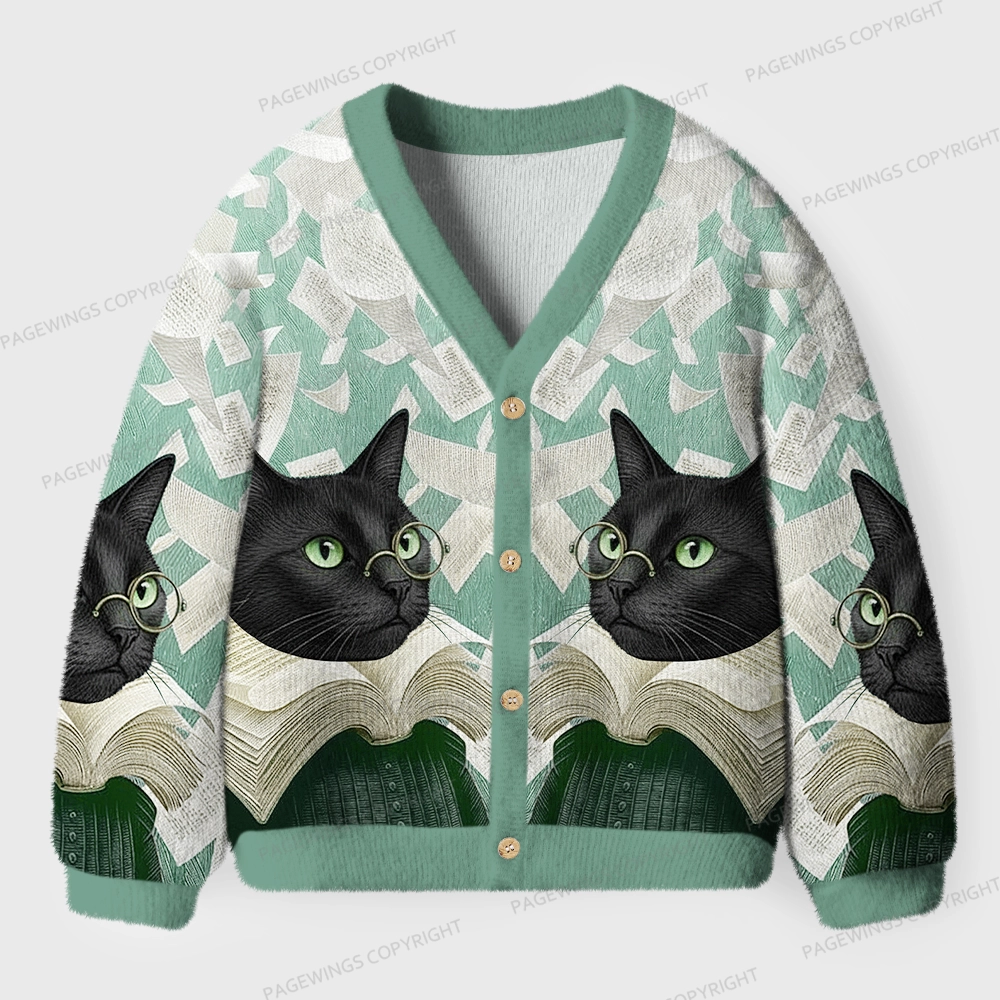 Pagewings Cats Loves Reading Unisex Ugly Cardigan Sweaters