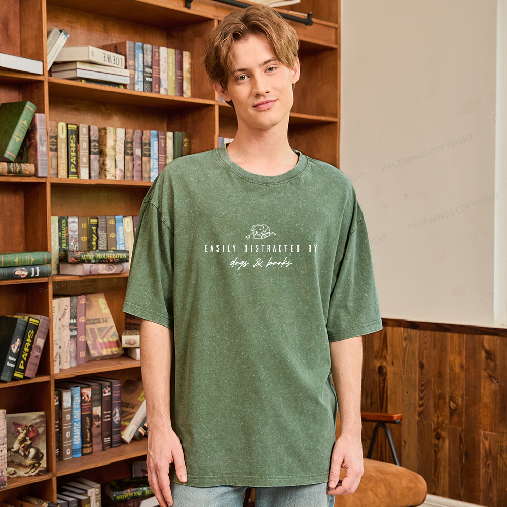 Pagewings Easily Distracted By Dogs And Books Unisex Washed T-shirt