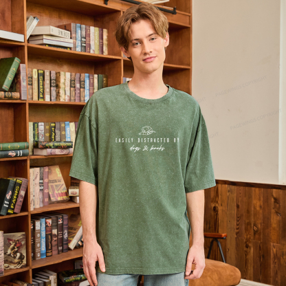 Pagewings Easily Distracted By Dogs And Books Unisex Washed T-shirt
