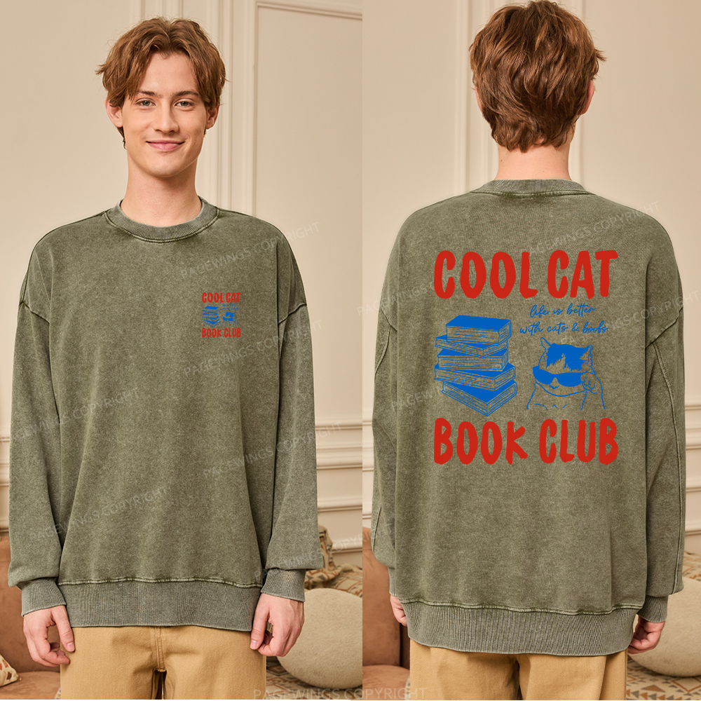 Pagewings Cool Cat Book Club Unisex Washed Sweatshirt