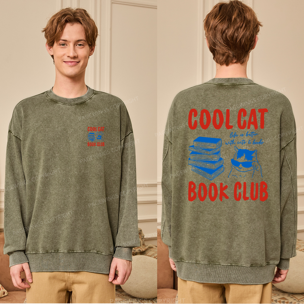 Pagewings Cool Cat Book Club Unisex Washed Sweatshirt