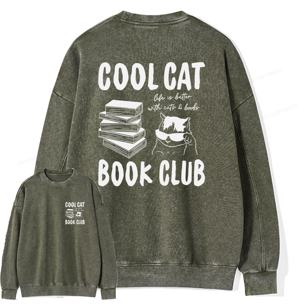 Pagewings Cool Cat Book Club Unisex Washed Sweatshirt
