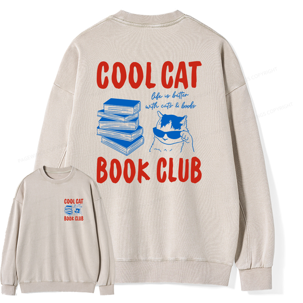 Pagewings Cool Cat Book Club Unisex Washed Sweatshirt