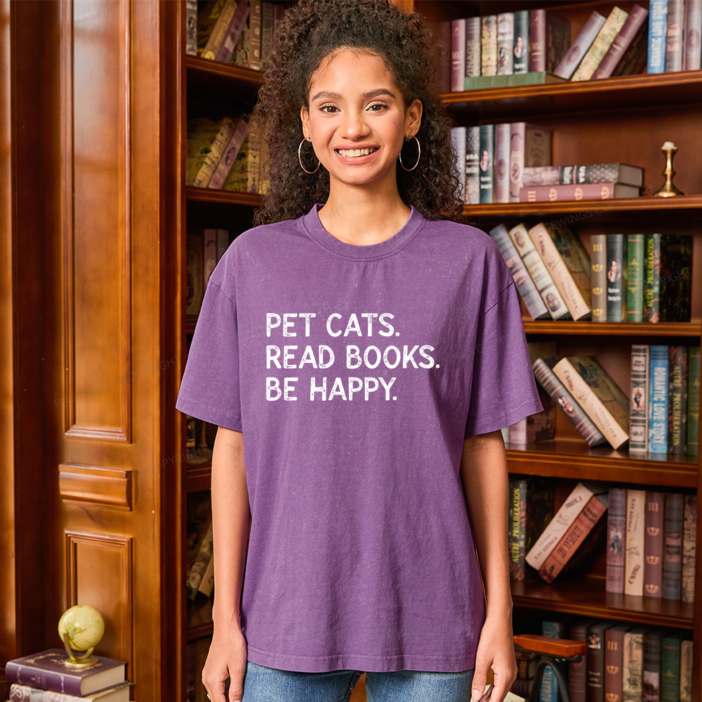 Pagewings Pet Cats Read Books Be Happy Unisex Washed T-shirt