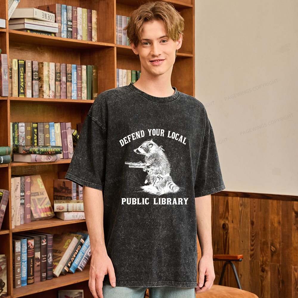 Pagewings Raccoon Defend Your Local Public Library Unisex Washed T-shirt