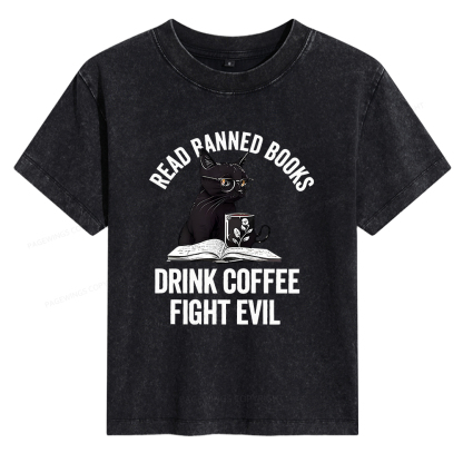 Pagewings Read Books Drink Coffee Fight Evil Women's Washed T-shirt