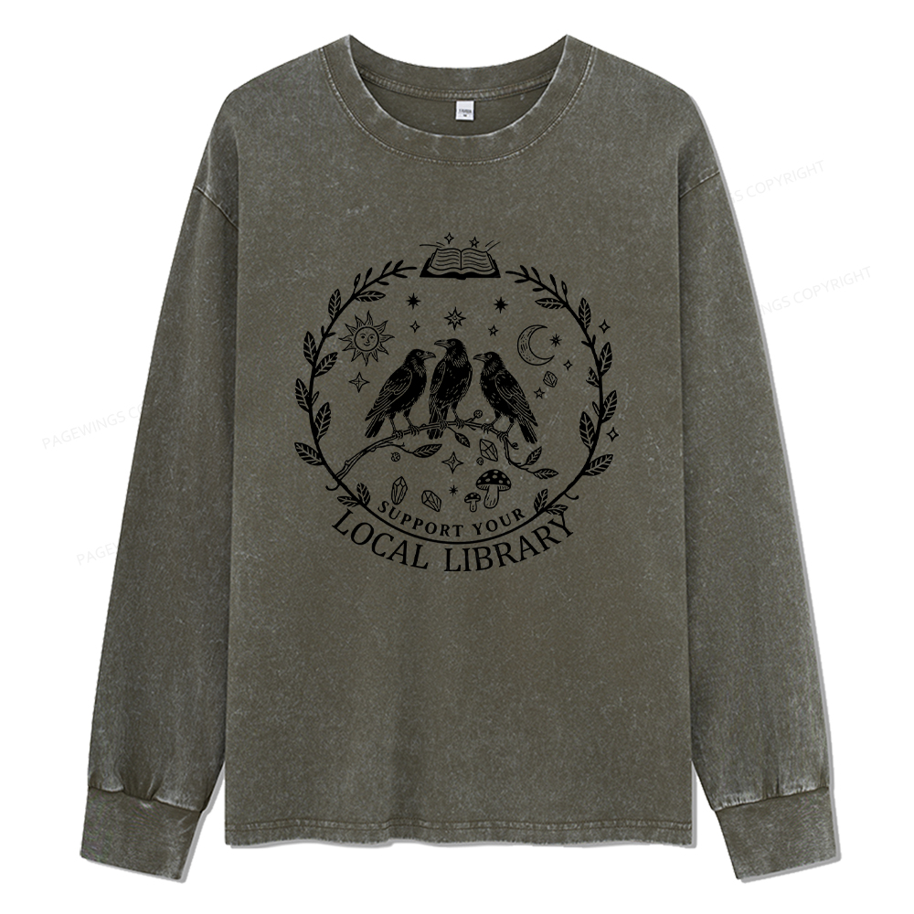 Pagewings Support Your Local Library Unisex Washed Long Sleeve T-shirt