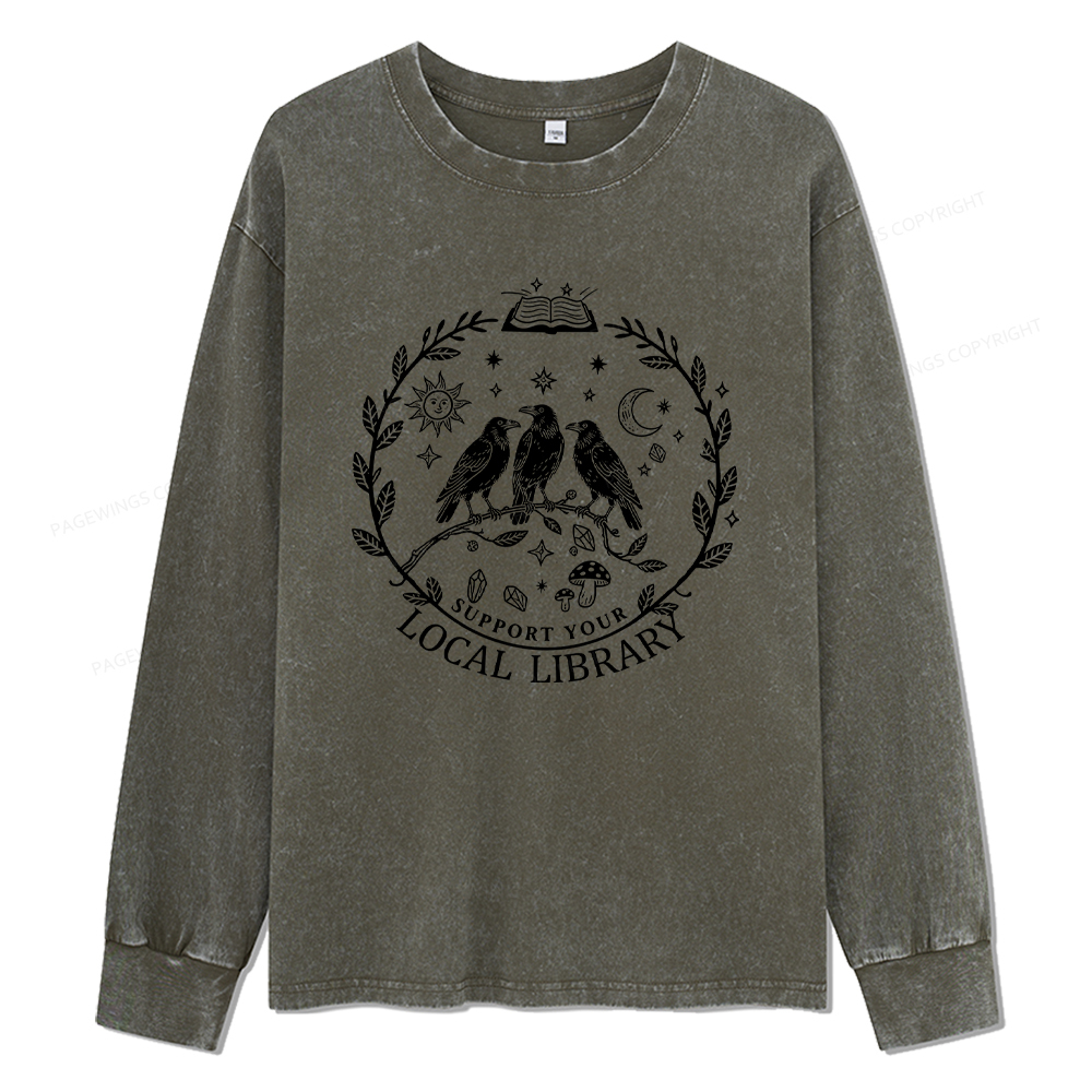 Pagewings Support Your Local Library Unisex Washed Long Sleeve T-shirt