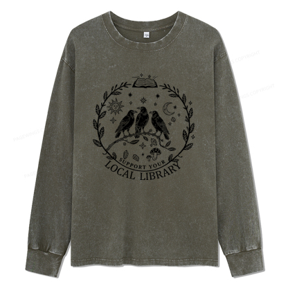 Pagewings Support Your Local Library Unisex Washed Long Sleeve T-shirt