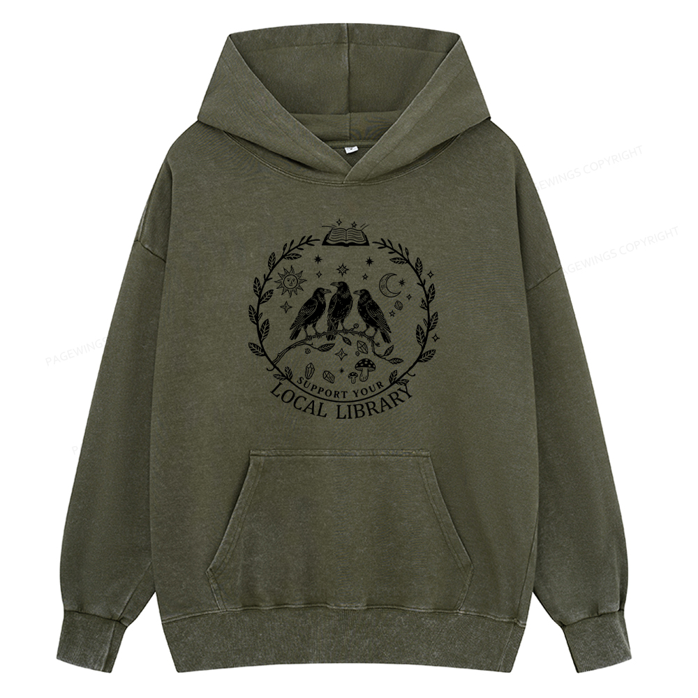 Pagewings Support Your Local Library Unisex Washed Hoodie