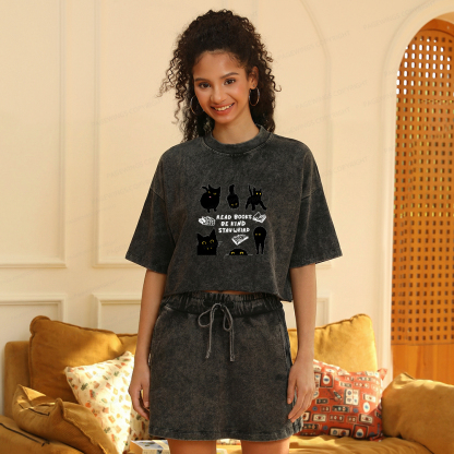 Pagewings Read Books Be Kind Stay Weird Women's Washed Cropped T-shirt