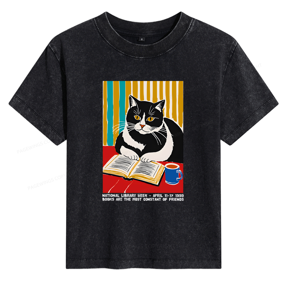 Pagewings Ational Library Week Cat Poster Women's Washed T-shirt