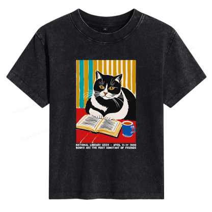 Pagewings Ational Library Week Cat Poster Women's Washed T-shirt