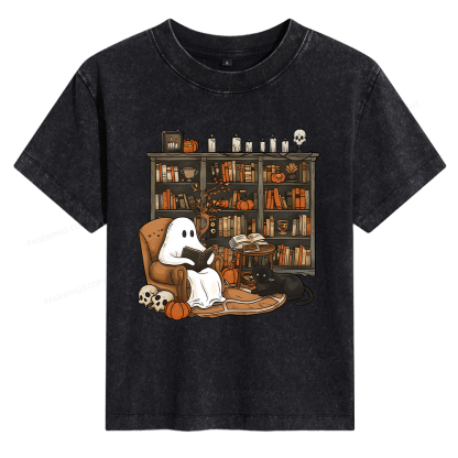 Pagewings Halloween Ghost Reading Books Women's Washed T-shirt