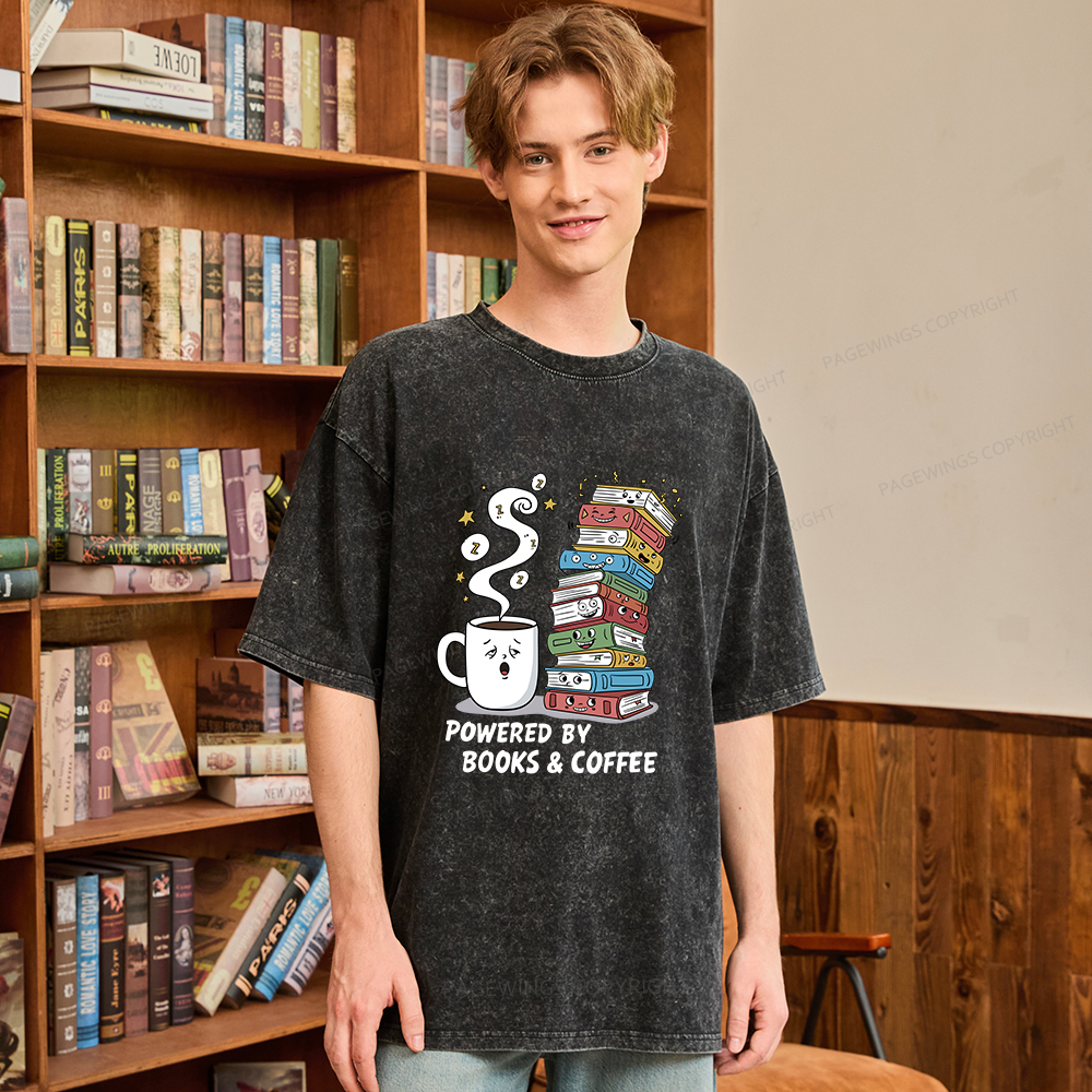 Pagewings Powered By Books And Coffee Unisex Washed T-shirt