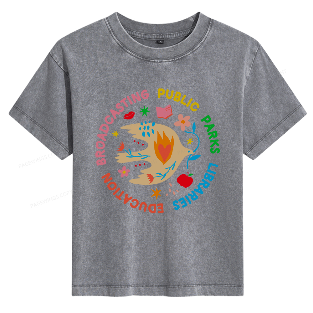 Pagewings Public Parks Libraries Education Broadcasting Women's Washed T-shirt