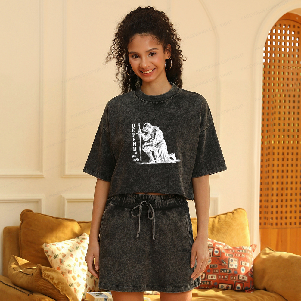 Pagewings Defend the Public Library Women's Washed Cropped T-shirt