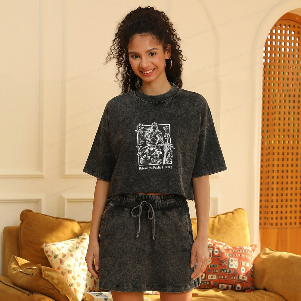 Pagewings Defend The Public Library Women's Washed Cropped T-shirt
