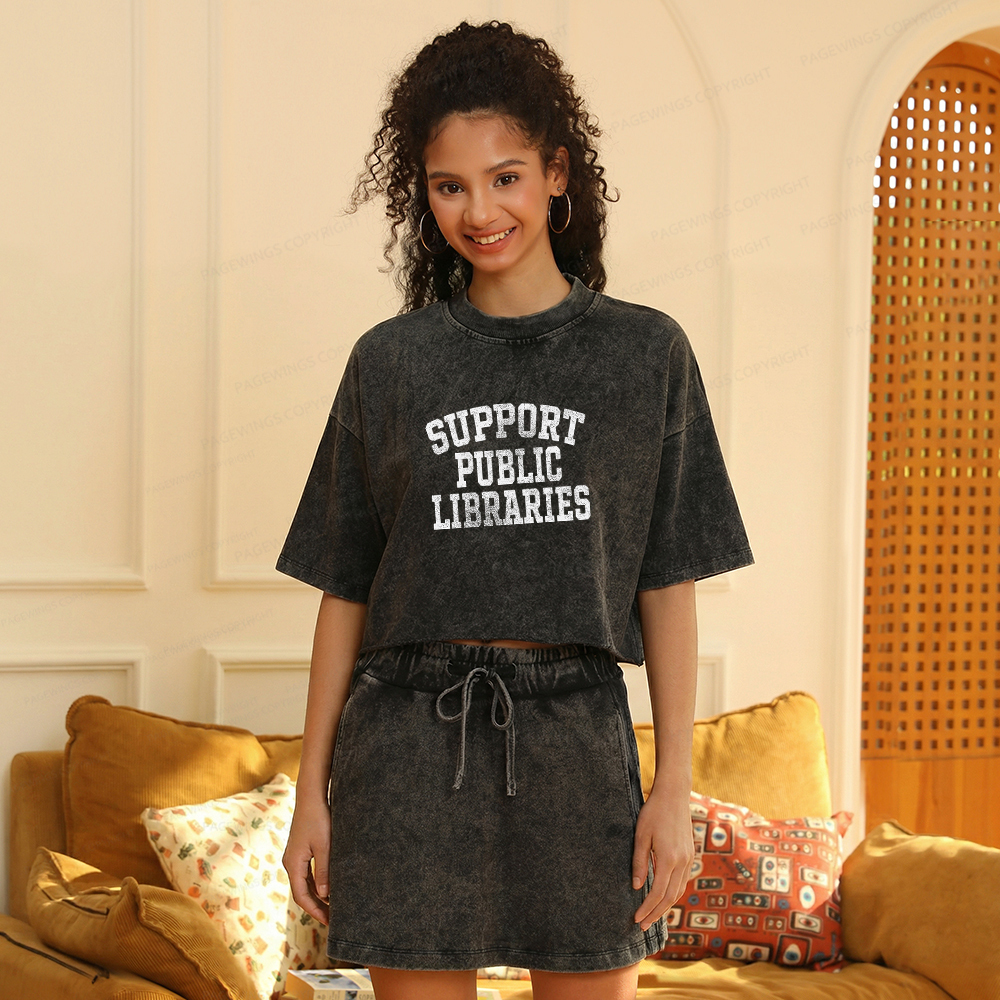 Pagewings Support Public Libraries Women's Washed Cropped T-shirt