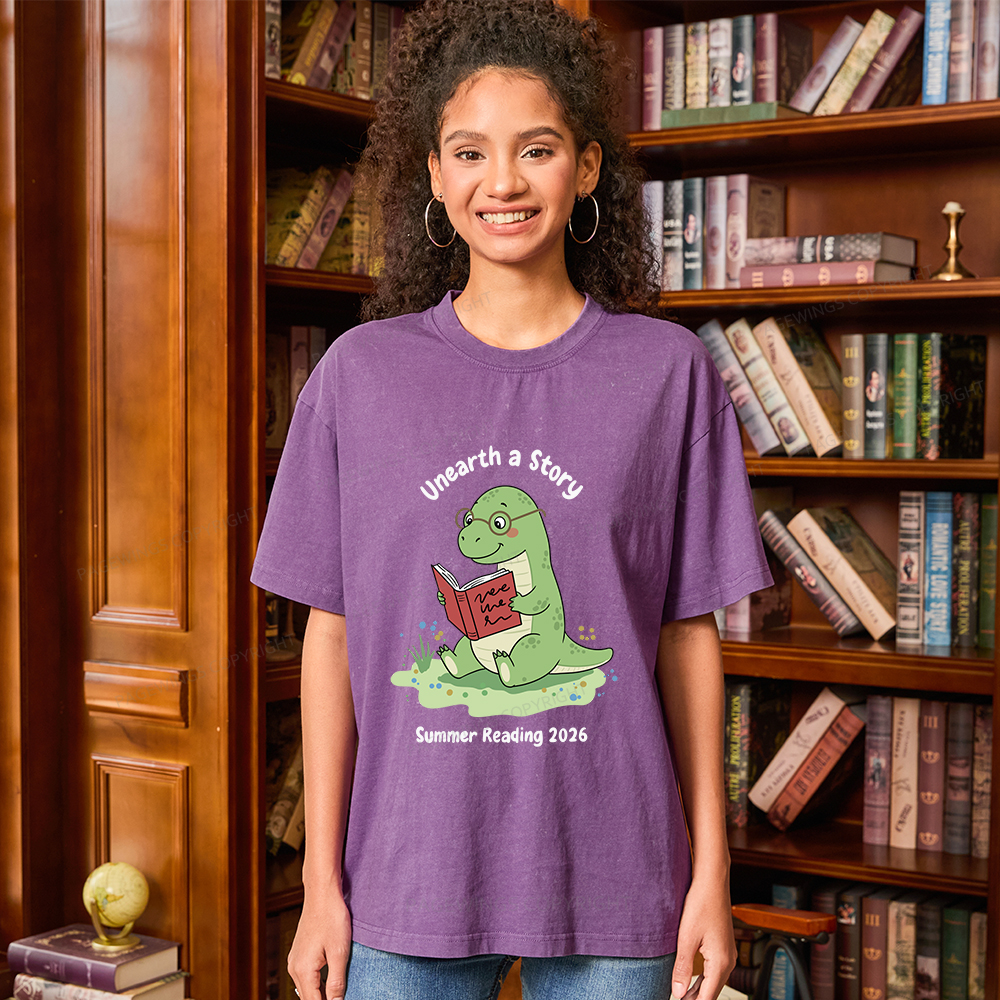 Pagewings Unearth A Story Dinosaur Summer Reading Unisex Washed T-shirt