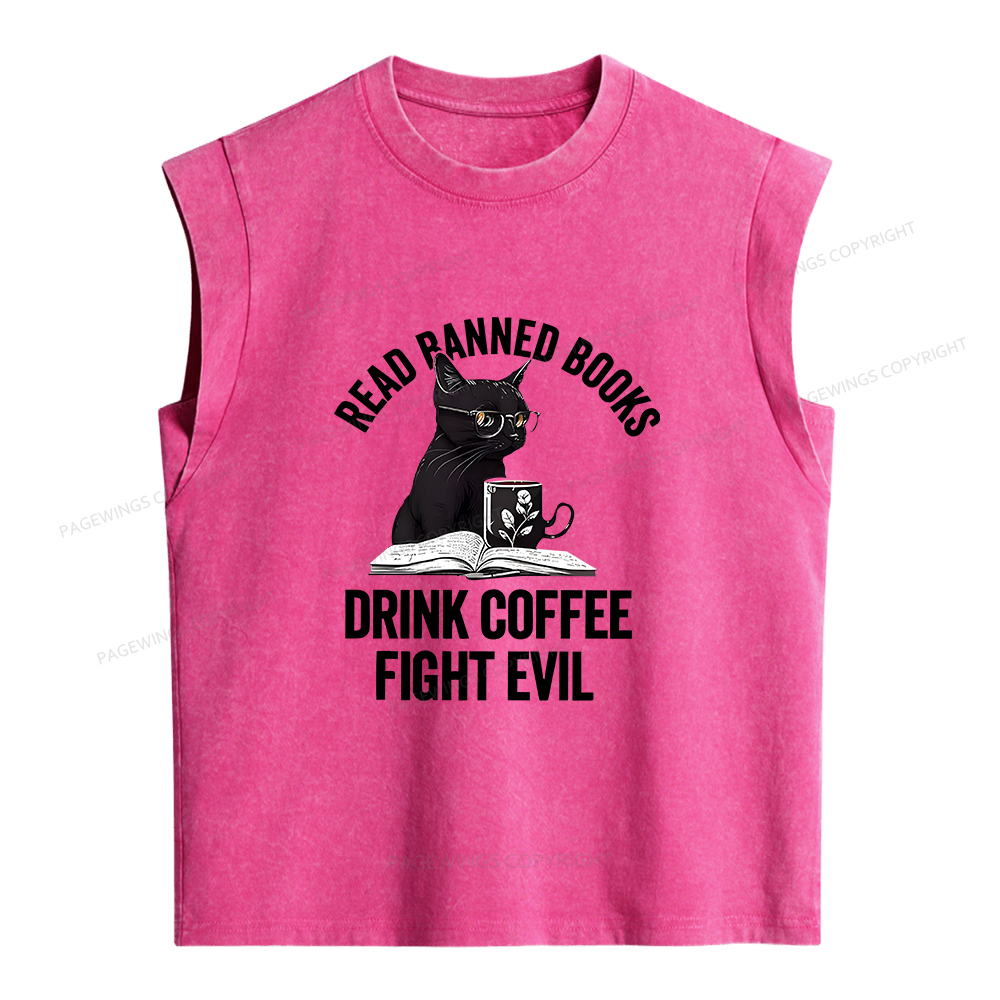 Pagewings Read Books Drink Coffee Fight Evil Women's Washed Tank Top