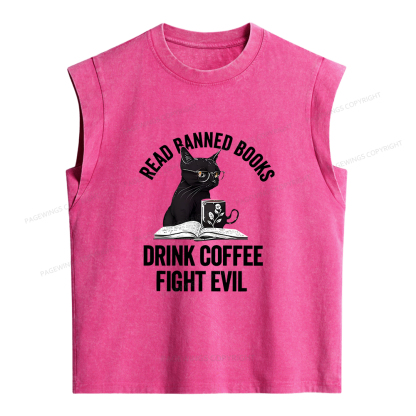 Pagewings Read Books Drink Coffee Fight Evil Women's Washed Tank Top