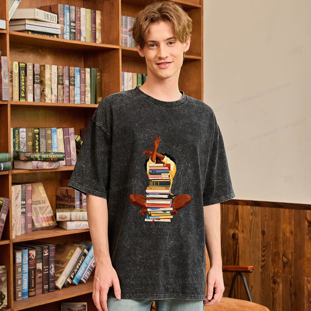 Pagewings Black Woman Reading Unisex Washed T-shirt