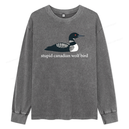 Pagewings Stupid Canadian Wolf Bird Unisex Washed Long Sleeve T-shirt