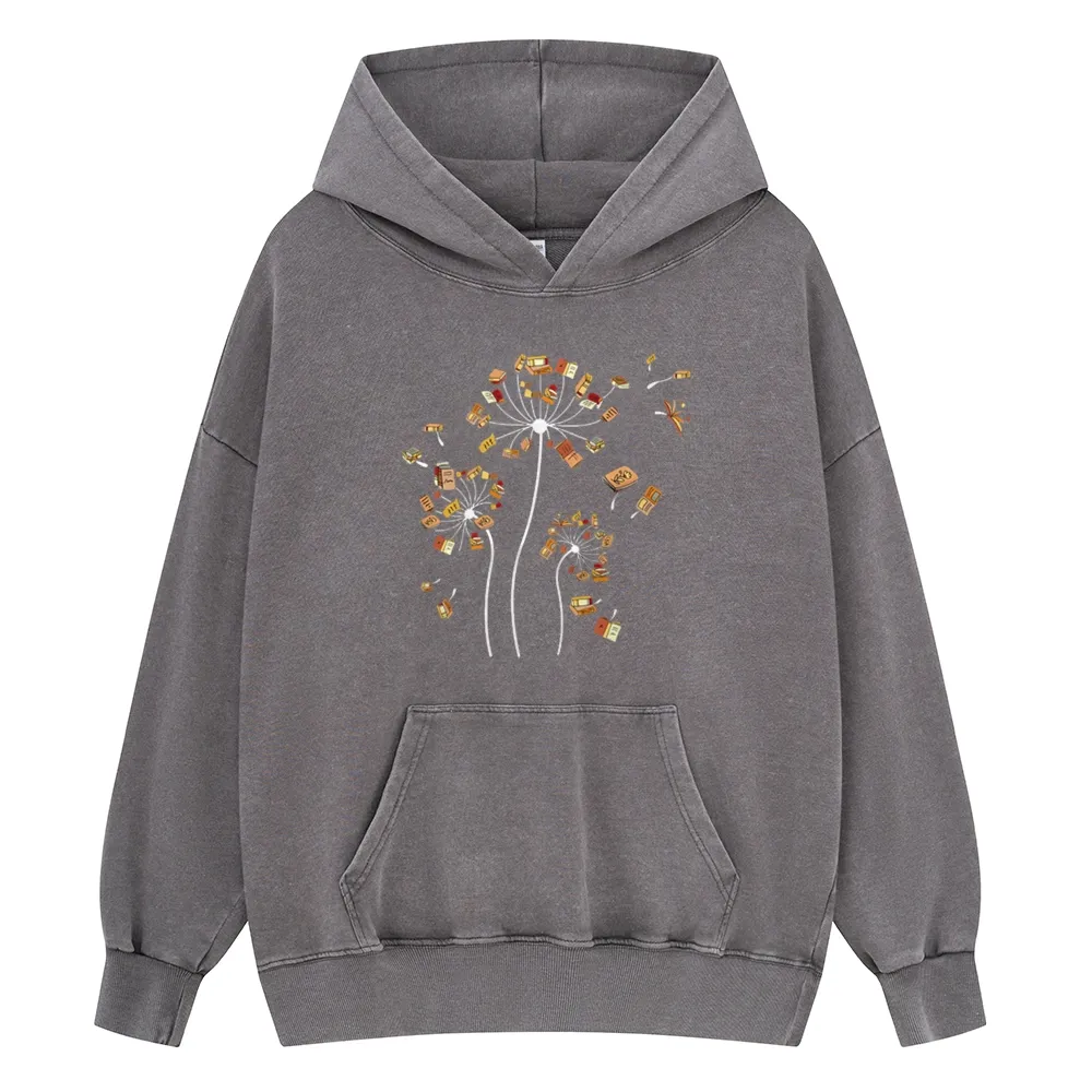 Pagewings Dandelion Flower Books Unisex Washed Hoodie