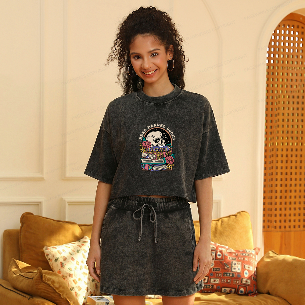 Pagewings Read Banned Book Floral Women's Washed Cropped T-shirt