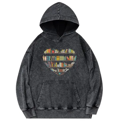 Pagewings Heart Bookshelves Unisex Washed Hoodie