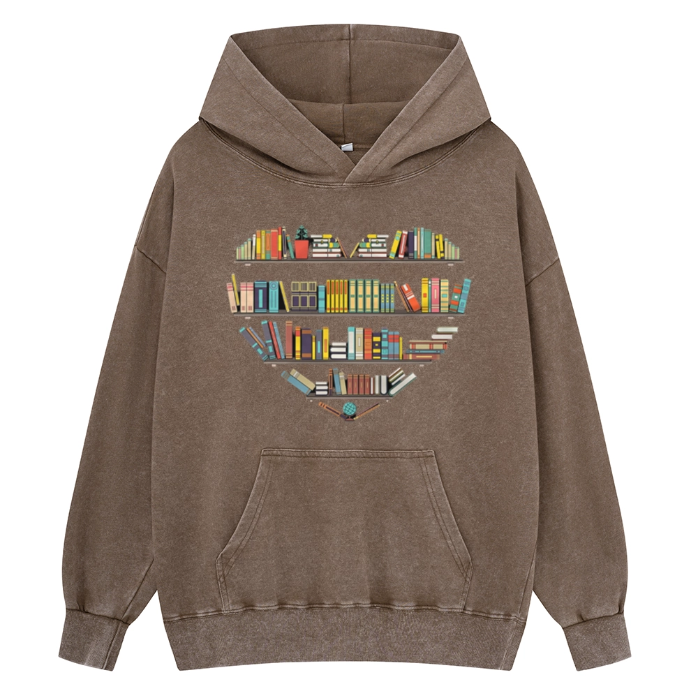 Pagewings Heart Bookshelves Unisex Washed Hoodie
