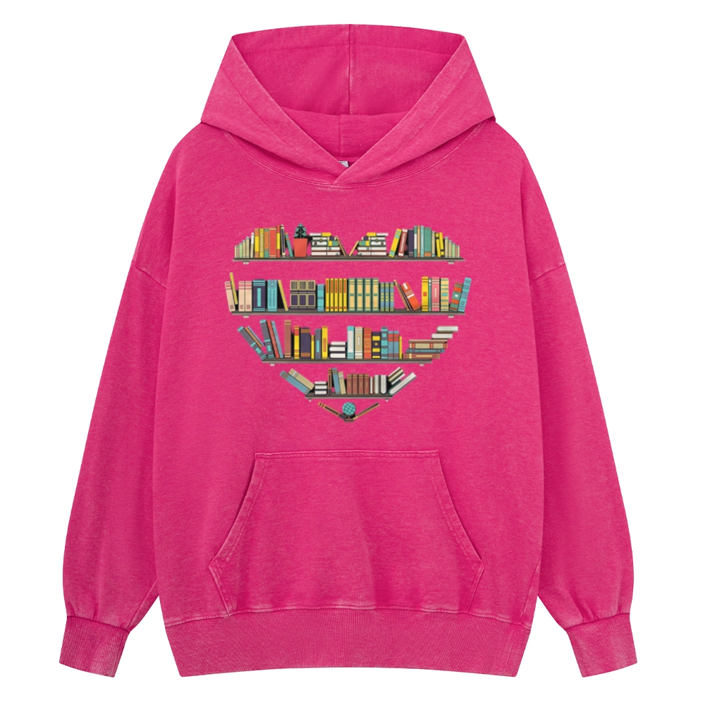 Pagewings Heart Bookshelves Unisex Washed Hoodie
