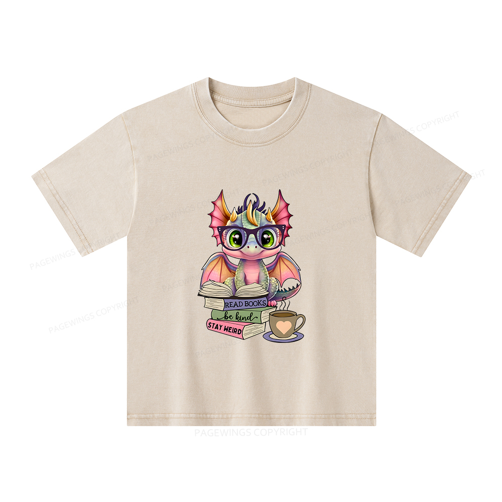 Pagewings Cute Dragon Reading Unisex Kids Washed T-shirt