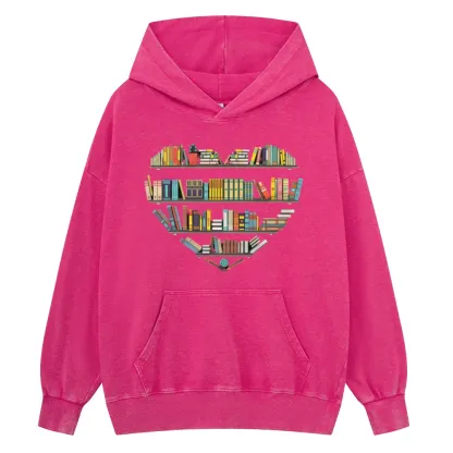 Pagewings Heart Bookshelves Unisex Washed Hoodie
