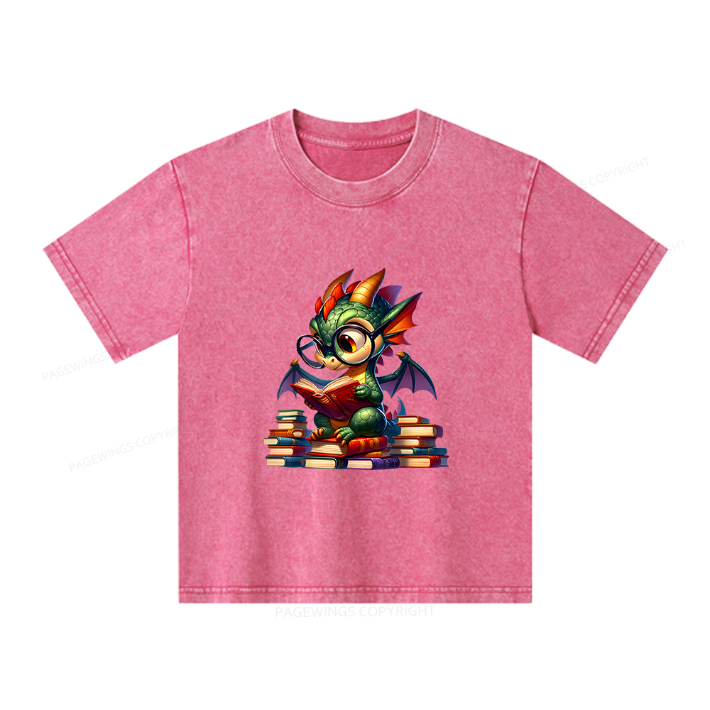 Pagewings Dragon And Books Unisex Kids Washed T-shirt