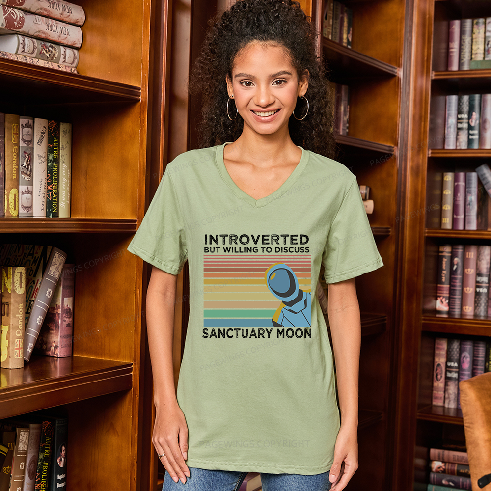 Pagewings Introverted But Willing to Discuss Sanctuary Moon V-neck T-shirt
