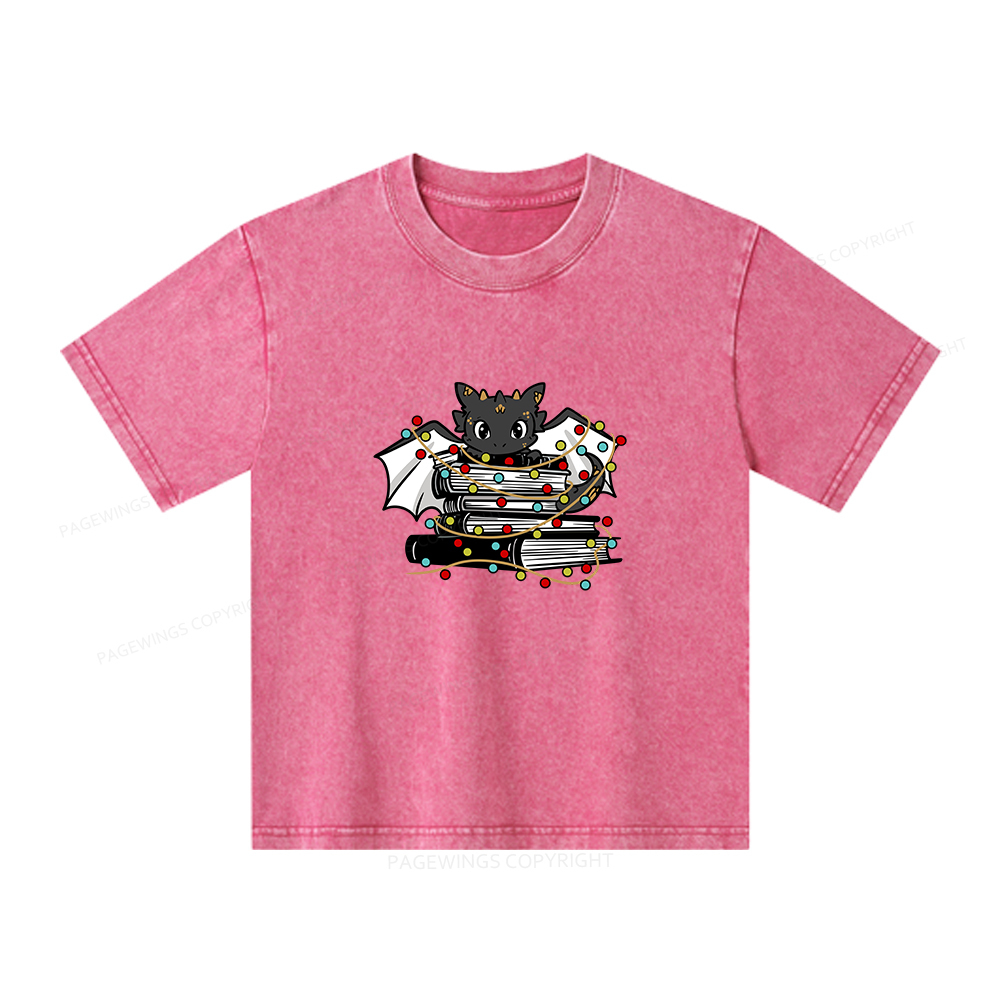 Pagewings Cute Book Dragon Holiday Unisex Kids Washed T-shirt