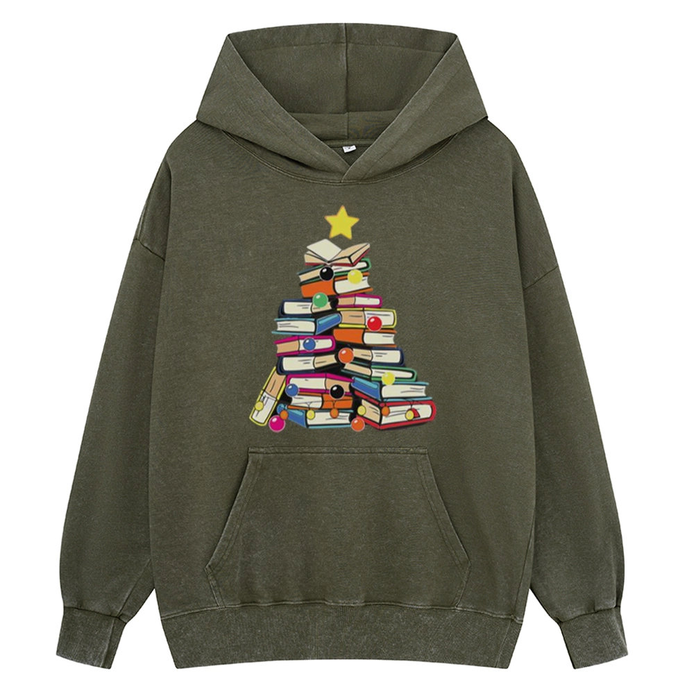 Pagewings Christmas Tree Bookworm Unisex Washed Hoodie